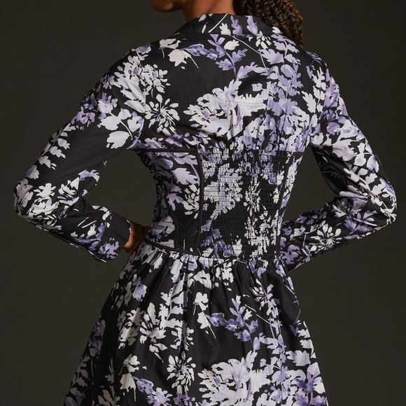 by Anthropologie Corset Collared Floral Smocked Long Sleeve Shirt Mini Dress - Picture 9 of 9